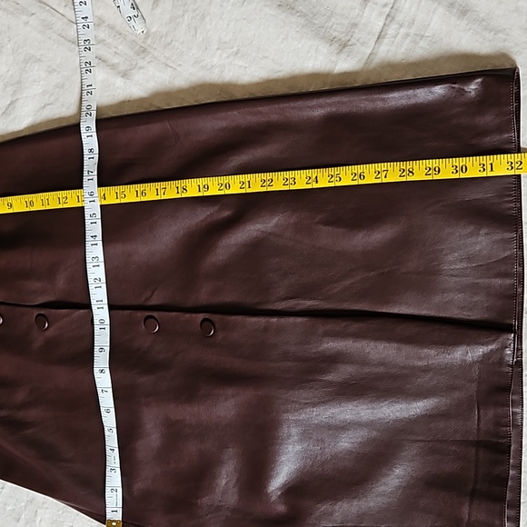 Faux Leather Wine Brown Belted Midi Skirt Snap Buttons Pencil Size Xsmall - Picture 16 of 17
